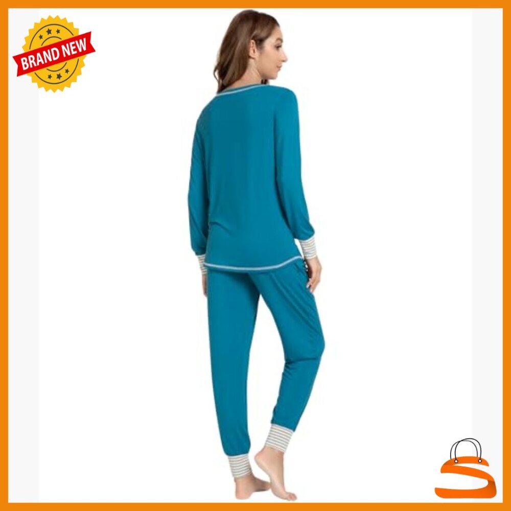 Soft Bamboo Viscose Pajama Set, Long Sleeve Crew Neck with Joggers, X-Large - Picture 2 of 7